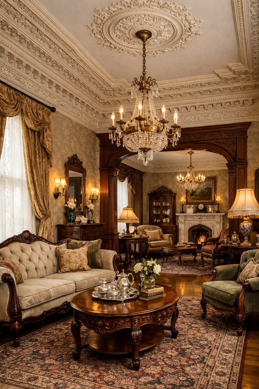 Gorgeous Victorian Home Interiors You’ll Love: 7 Timeless Design Ideas 4 Interior view of a spacious room with high ceilings and detailed crown moldings, featuring classic furniture and soft natural light.