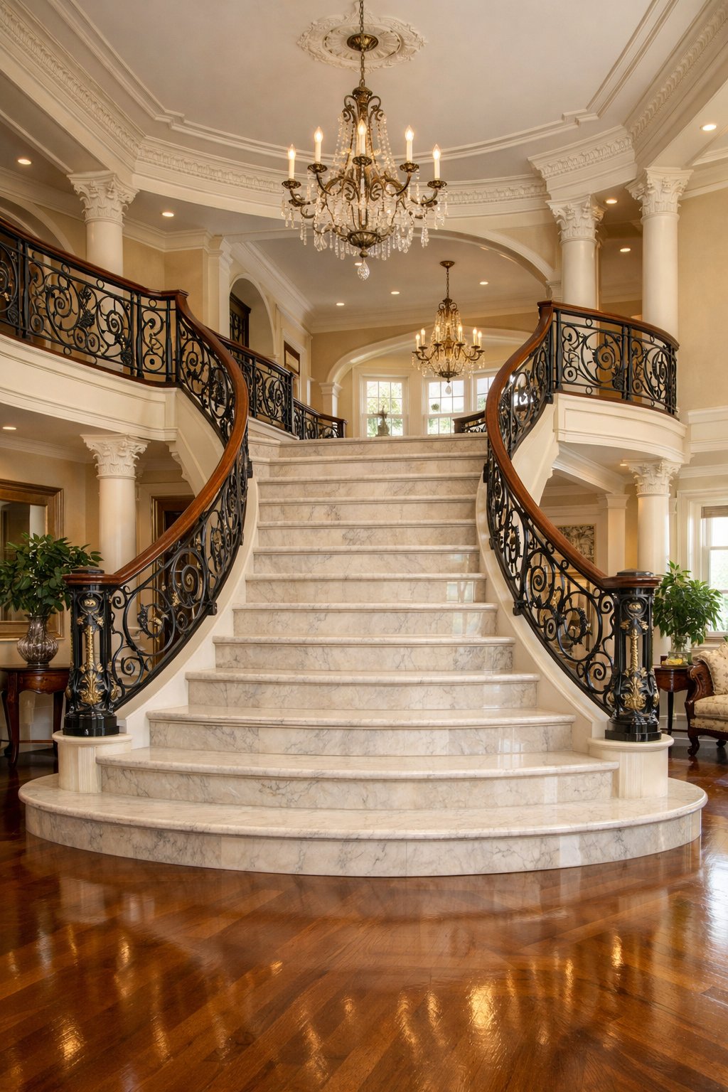 Gorgeous Victorian Home Interiors You’ll Love: 7 Timeless Design Ideas 5 A large staircase with decorative wrought iron railings inside a bright and spacious home interior.