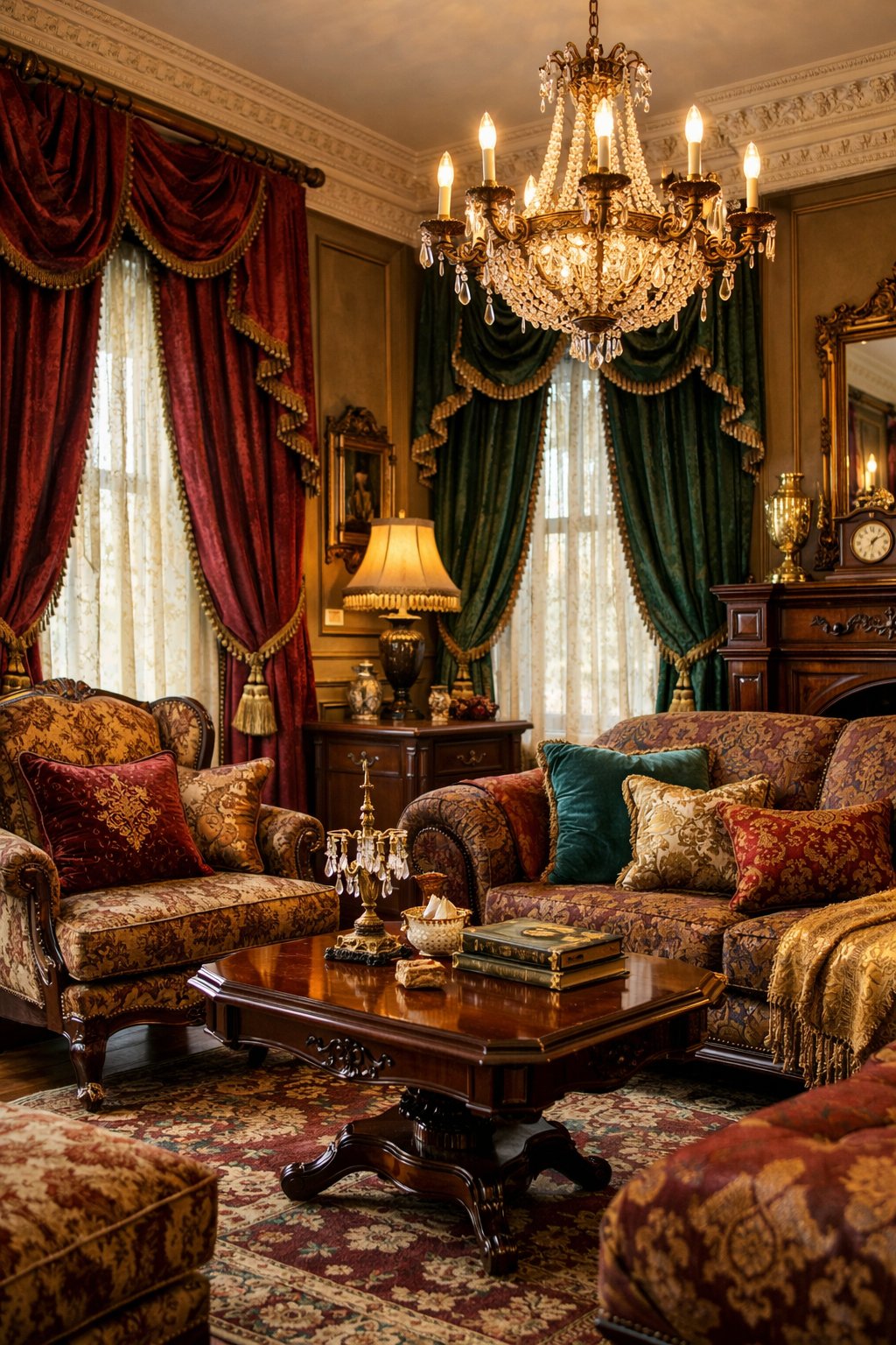 Gorgeous Victorian Home Interiors You’ll Love: 7 Timeless Design Ideas 6 A cozy room with velvet curtains, plush upholstered chairs, and ornate wooden furniture illuminated by warm lighting.
