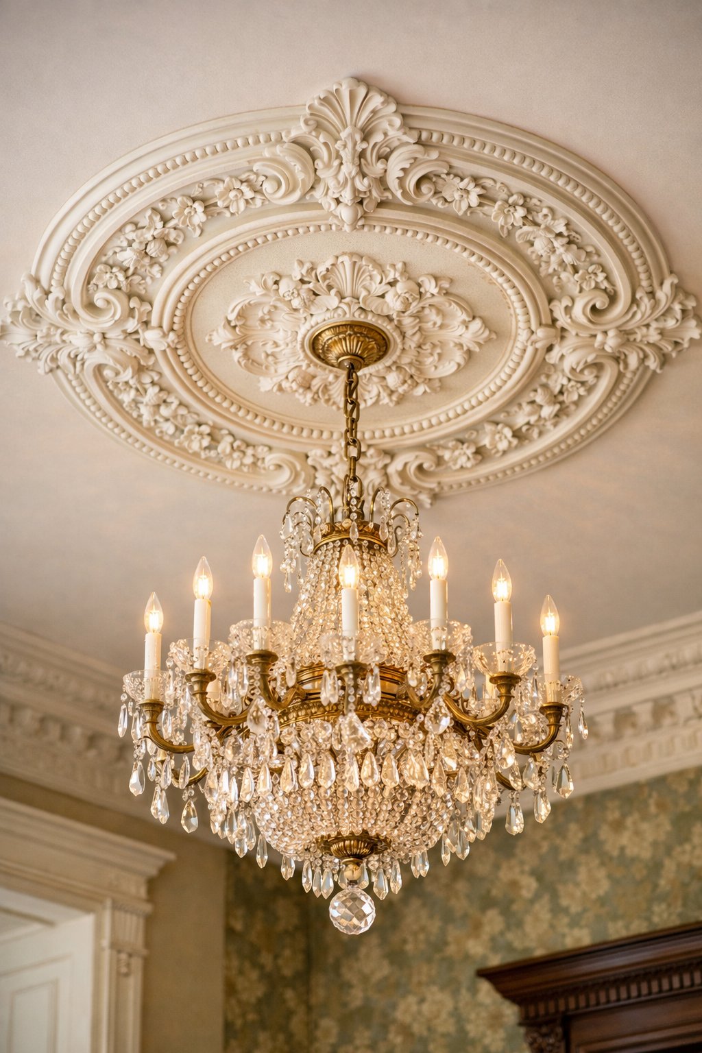 Gorgeous Victorian Home Interiors You’ll Love: 7 Timeless Design Ideas 7 Interior view of a ceiling with a decorative medallion and a large crystal chandelier hanging in a beautifully detailed room.