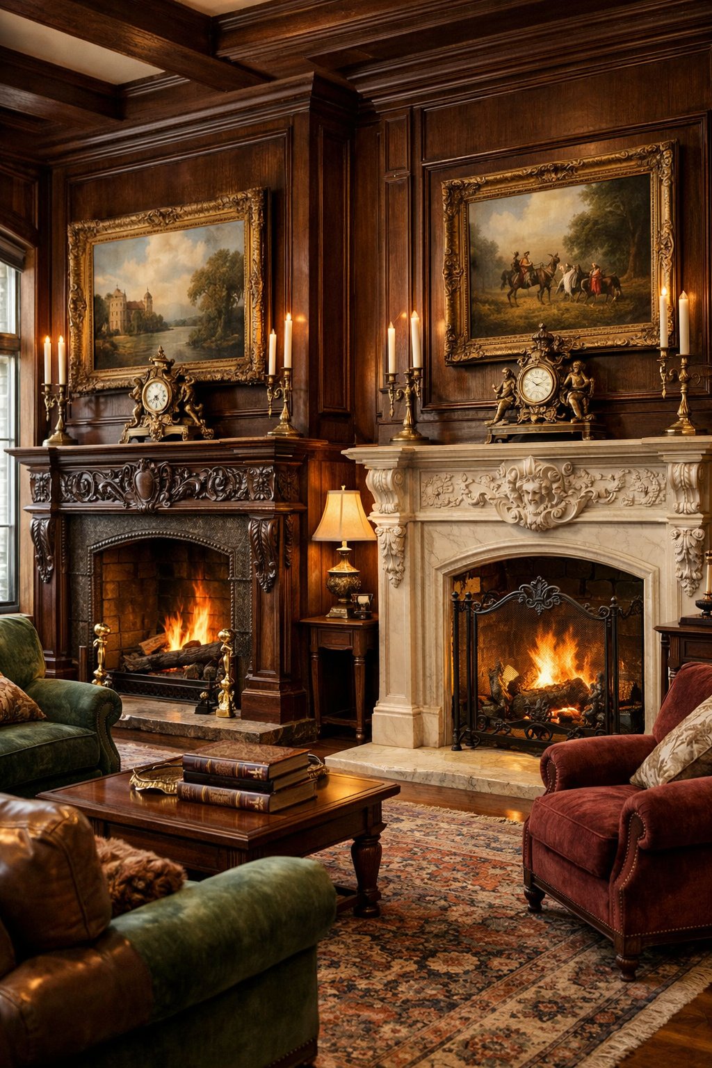 Gorgeous Victorian Home Interiors You’ll Love: 7 Timeless Design Ideas 8 A cozy living room featuring two vintage fireplaces with detailed mantels surrounded by classic furniture and warm natural light.