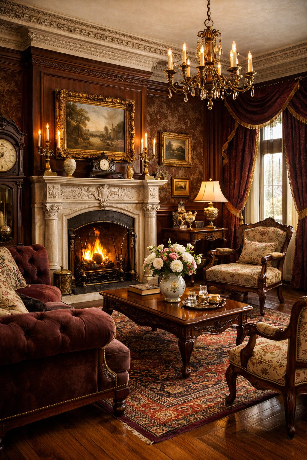 Gorgeous Victorian Home Interiors You’ll Love: 7 Timeless Design Ideas 9 A richly decorated living room with a fireplace, upholstered furniture, wooden floors, and large windows with curtains.
