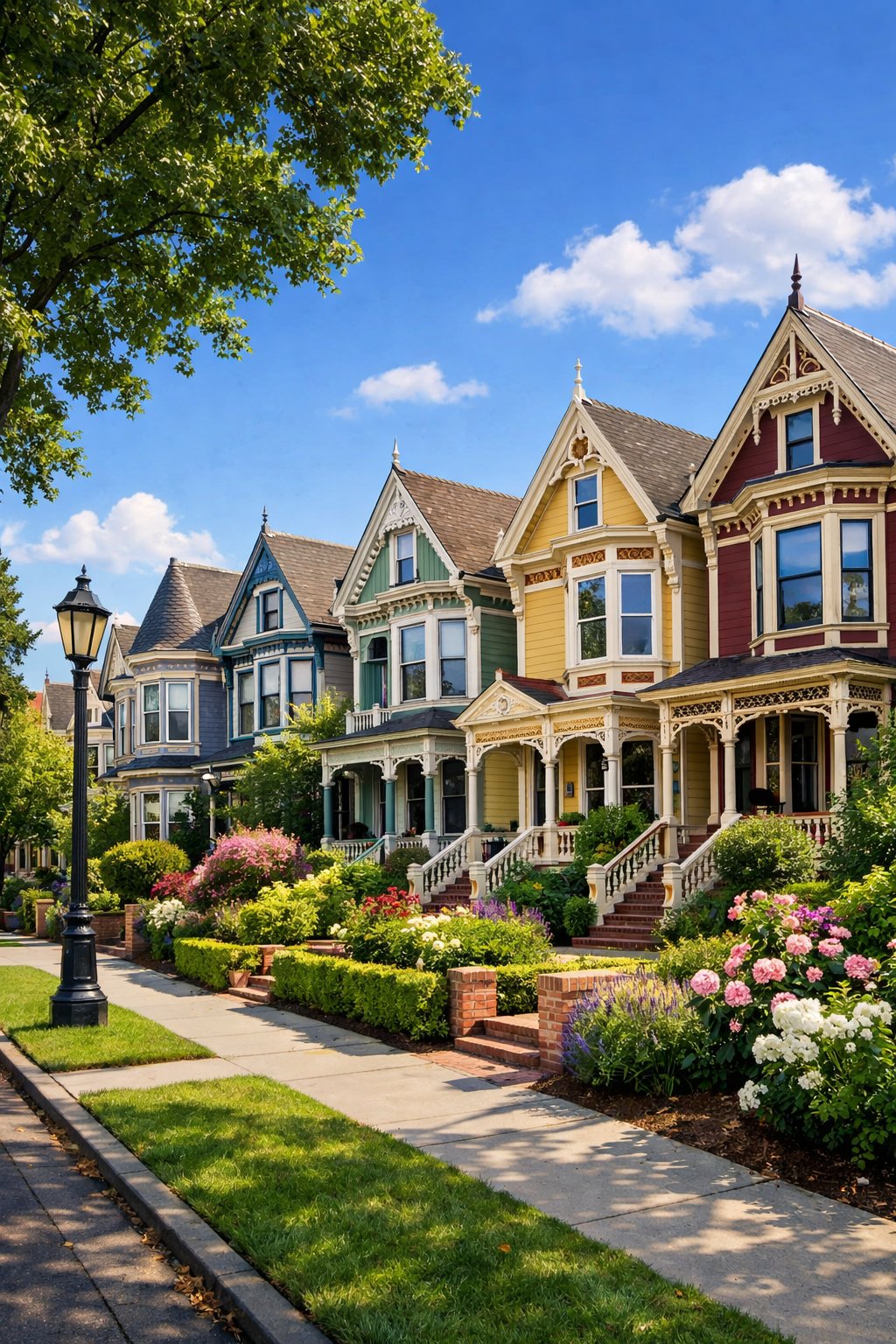 A row of well-kept Victorian houses with colorful facades and gardens along a sunny street.