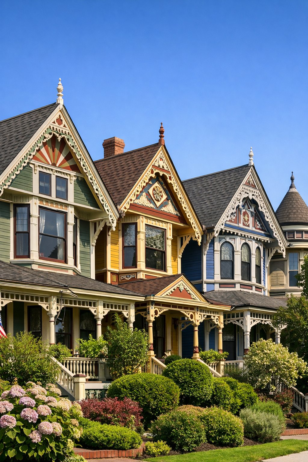 A row of houses with steep roofs and detailed decorative gables surrounded by greenery under a clear sky.