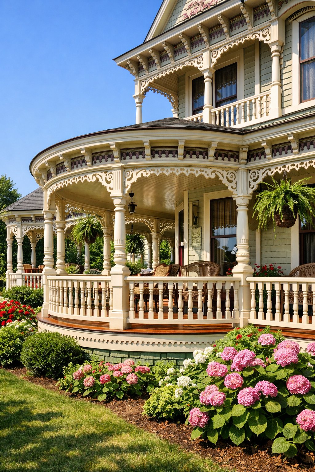 Exterior view of a house with a large porch featuring detailed wooden railings and surrounded by plants.