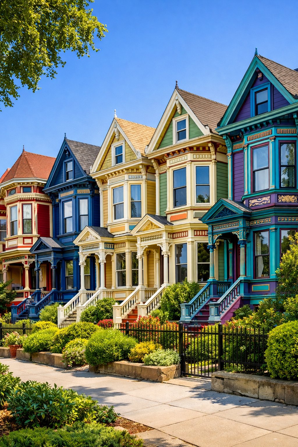 A row of colorful Victorian houses with detailed architectural features along a sunny street.