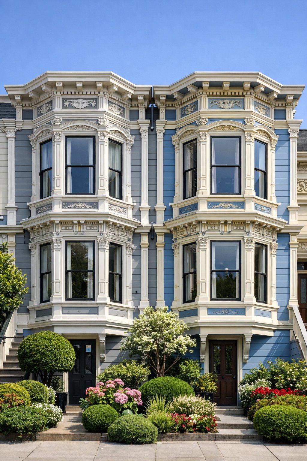 A row of well-maintained houses with symmetrical facades and detailed window frames under a clear sky.