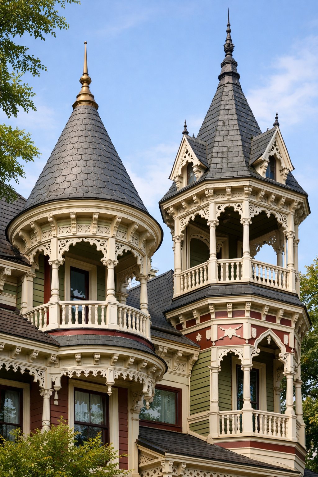 Exterior view of a house with towers featuring detailed wooden decorations and surrounding greenery.