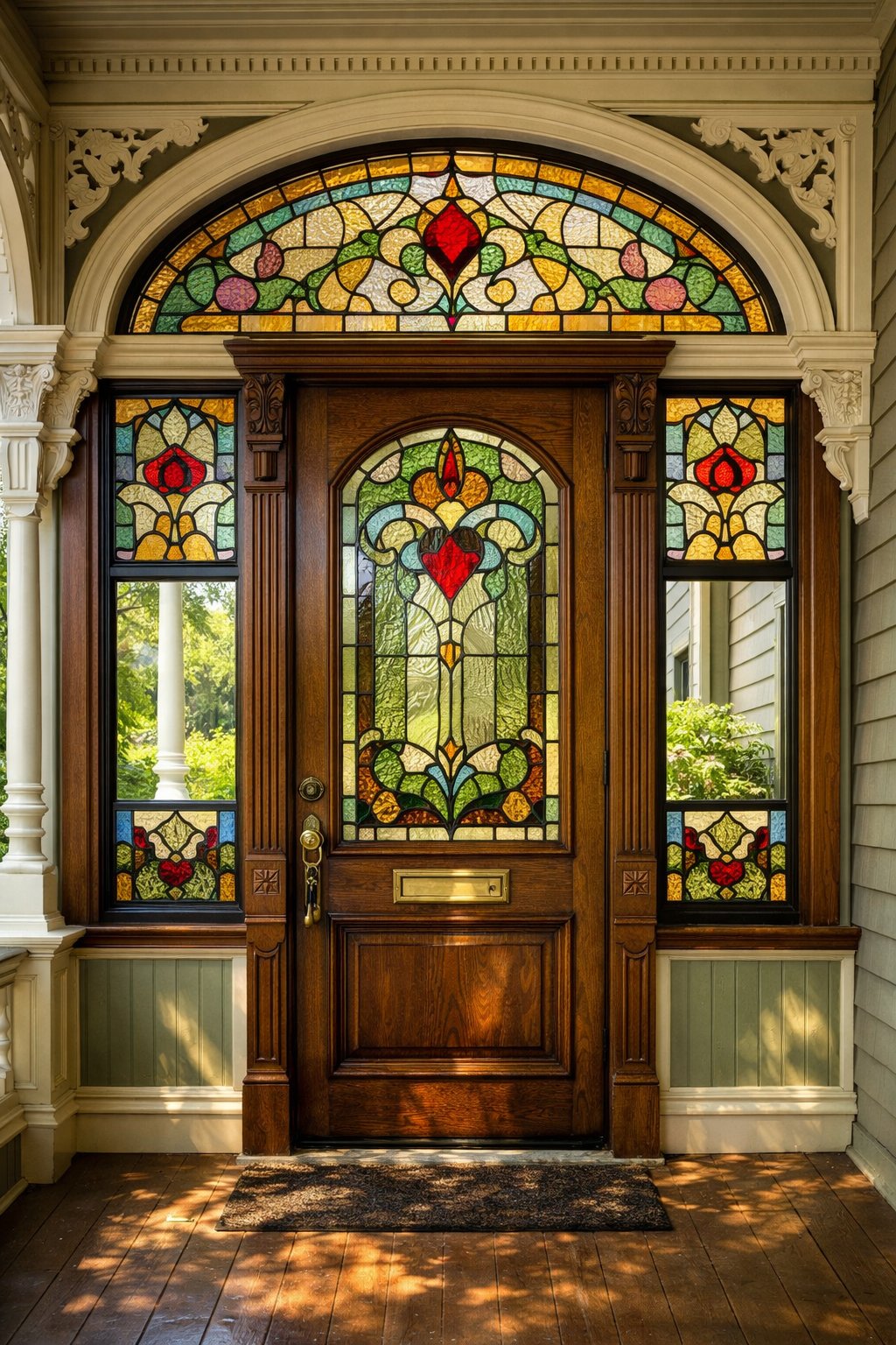 Entryway of a Victorian home with colorful stained glass windows around the door and detailed wooden trim.