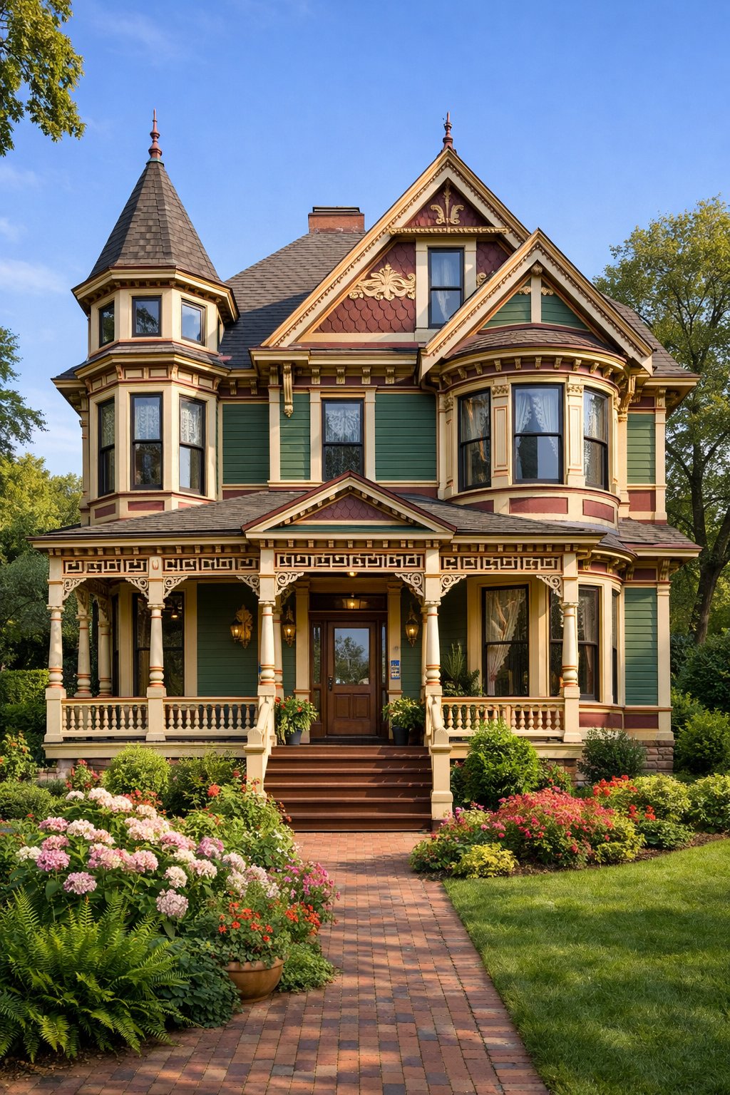 A large, detailed house with a front porch and garden under a clear blue sky.