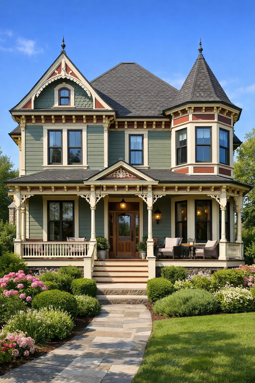 Exterior view of a well-maintained Victorian house with decorative details, surrounded by greenery and a clear sky.