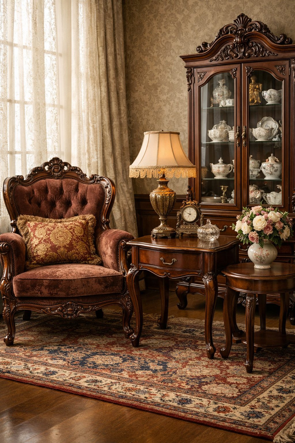 Victorian Furniture Ideas For Elegant & Timeless Interior: 7 Curated Design Essentials 1 A well-lit room featuring an upholstered armchair, wooden side table with a lamp, a cabinet with decorative items, and a vase of flowers on a rug-covered floor.