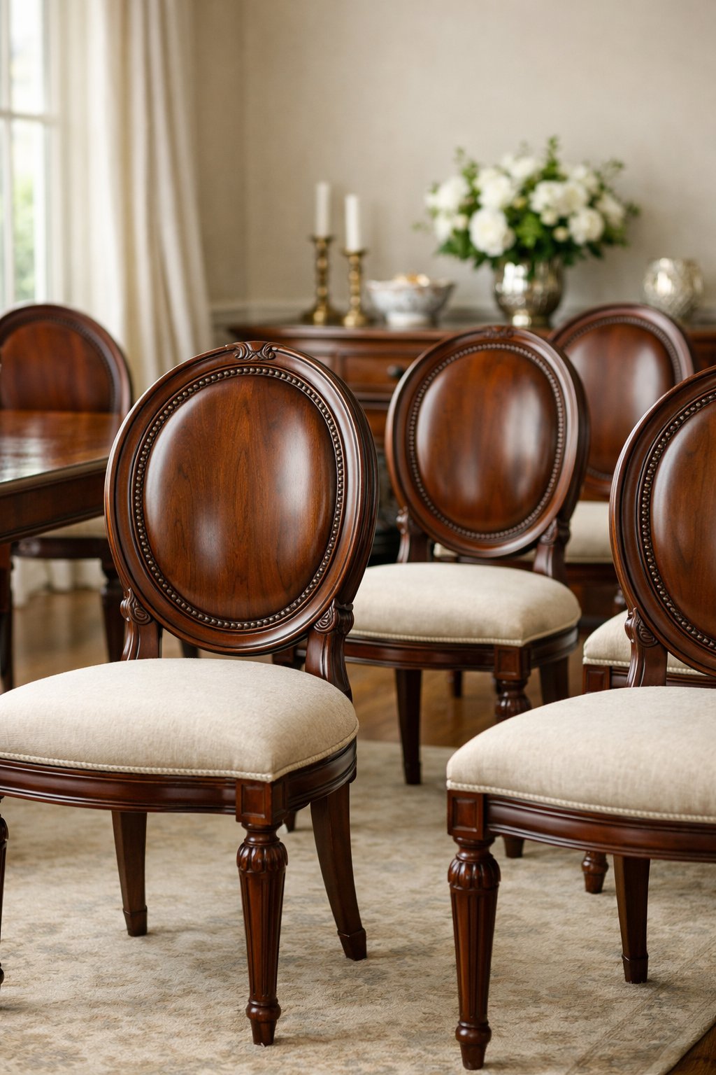 Victorian Furniture Ideas For Elegant & Timeless Interior: 7 Curated Design Essentials 2 A set of polished wooden chairs with oval backrests arranged around a wooden table in a well-lit room.