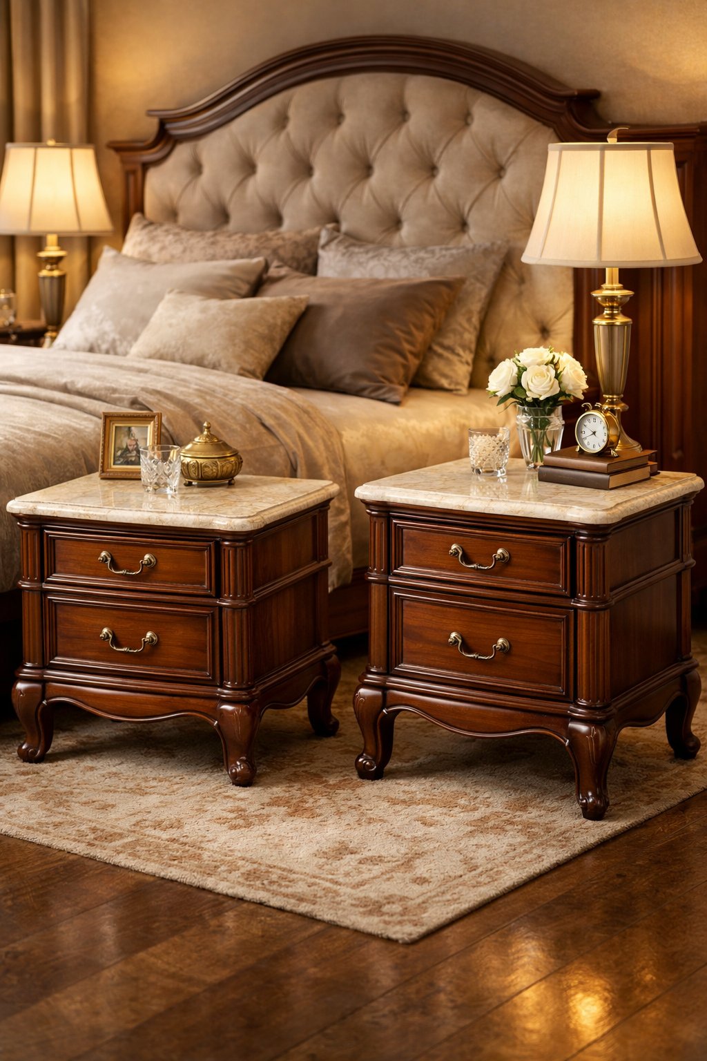 Victorian Furniture Ideas For Elegant & Timeless Interior: 7 Curated Design Essentials 3 A pair of bedside tables with marble tops placed beside a bed in a warmly lit bedroom.
