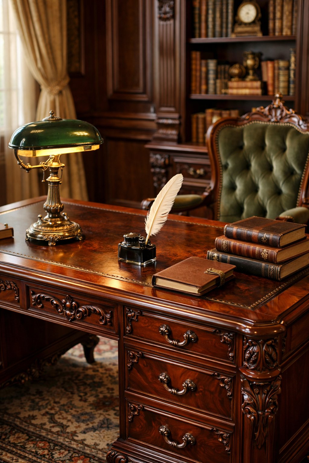 Victorian Furniture Ideas For Elegant & Timeless Interior: 7 Curated Design Essentials 4 A polished wooden writing desk with carved details in a warmly lit room, featuring a lamp, books, and a chair.