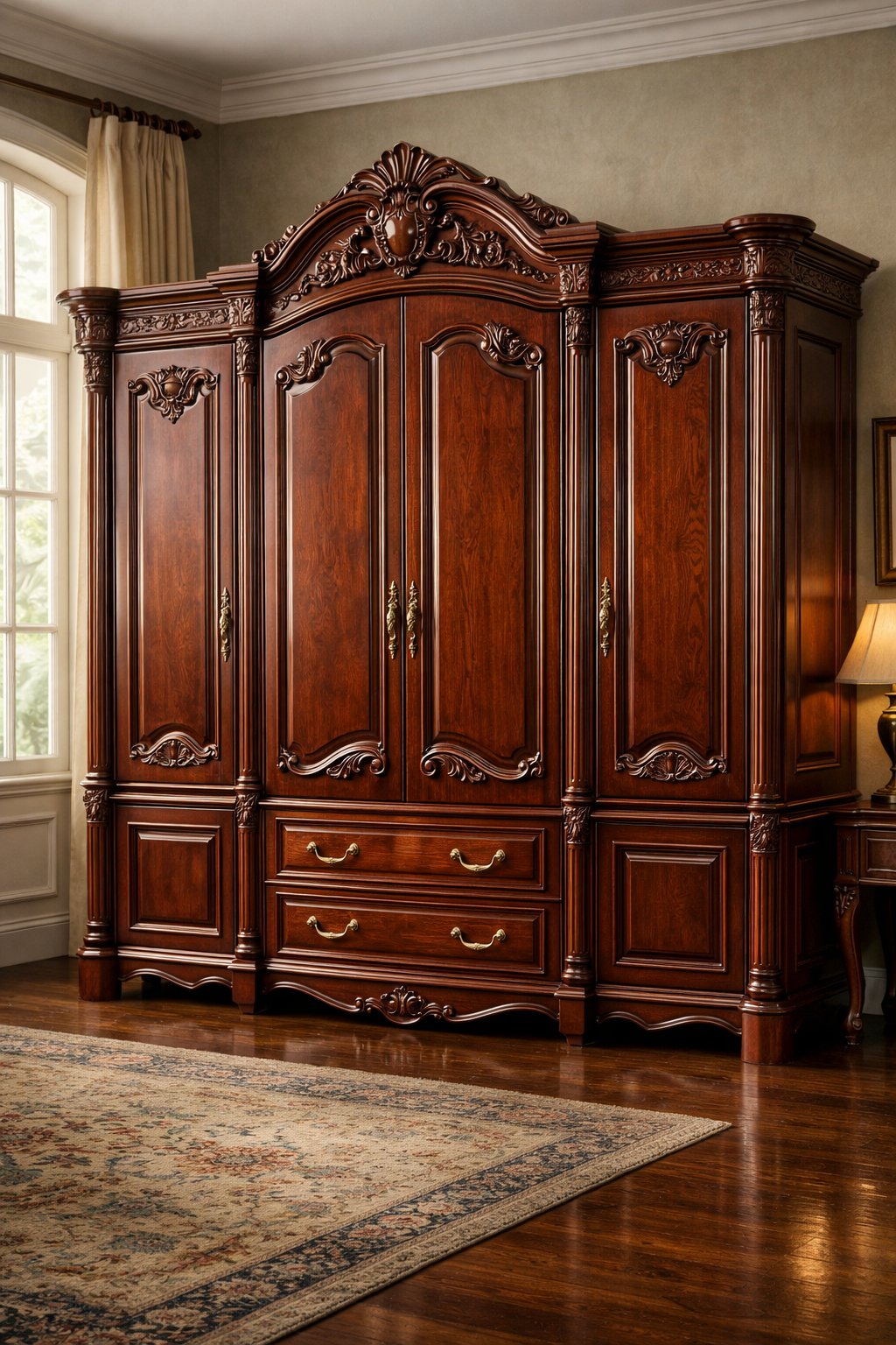 Victorian Furniture Ideas For Elegant & Timeless Interior: 7 Curated Design Essentials 5 A room with beautifully carved mahogany wardrobes and classic wooden flooring, softly illuminated by natural light.