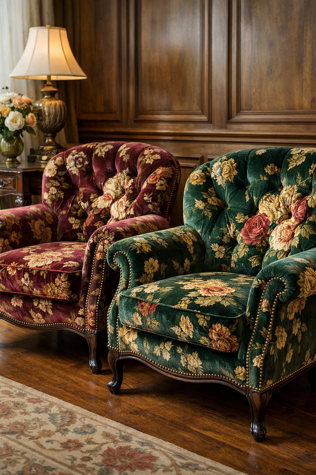 Victorian Furniture Ideas For Elegant & Timeless Interior: 7 Curated Design Essentials 6 Two velvet armchairs with floral patterns placed in a well-lit room with wooden paneling and decorative furniture.