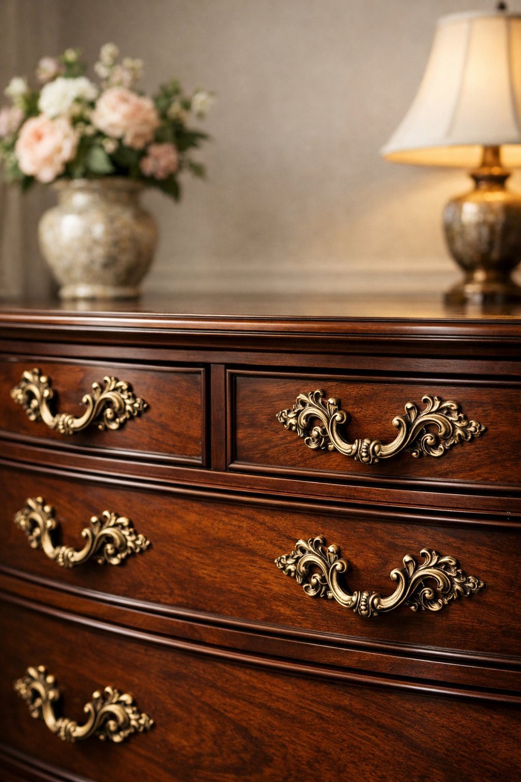 Victorian Furniture Ideas For Elegant & Timeless Interior: 7 Curated Design Essentials 7 A dark wood sideboard with decorative brass handles in a warmly lit interior setting with a vase of flowers and a table lamp in the background.