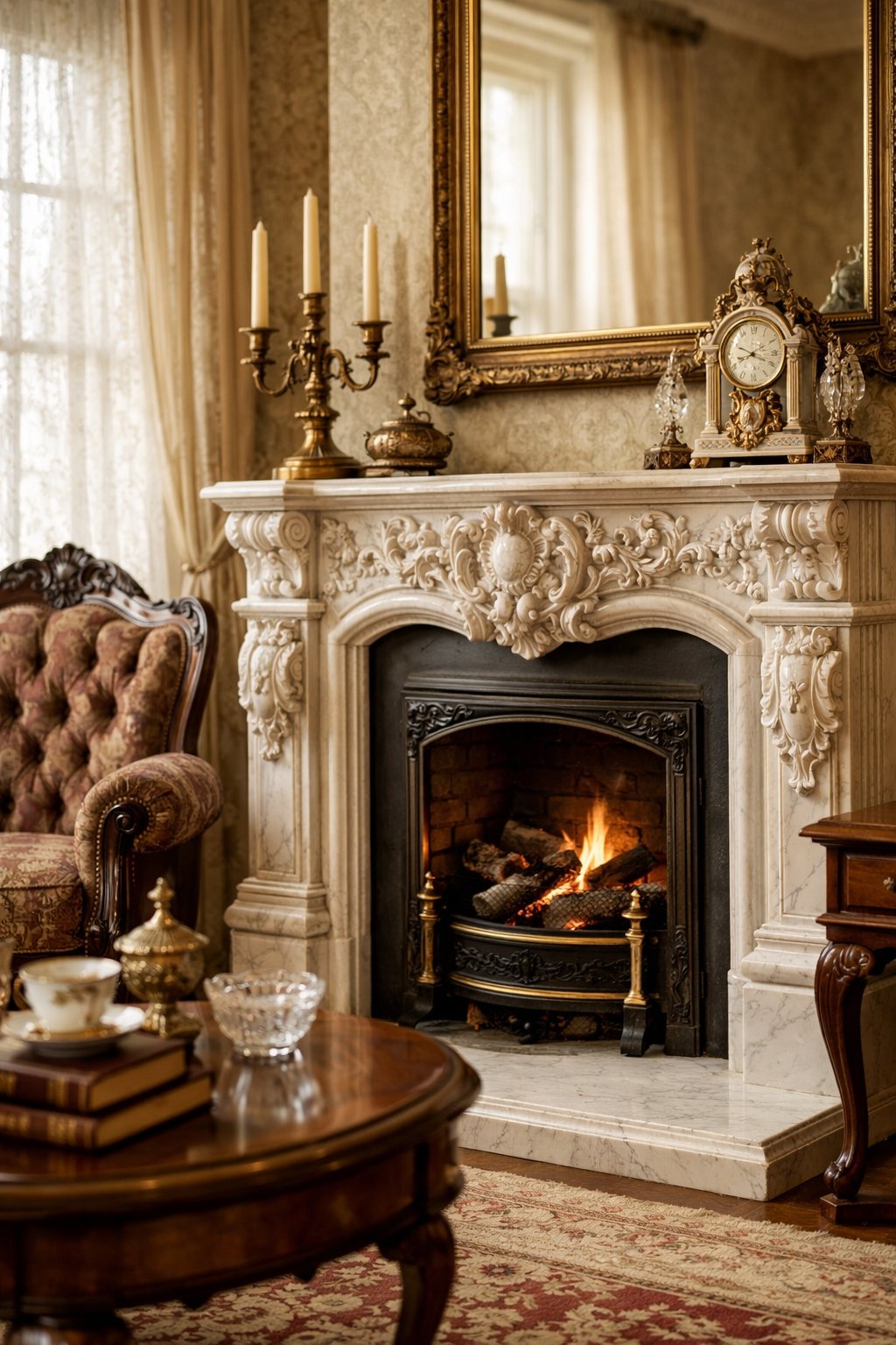 Victorian Furniture Ideas For Elegant & Timeless Interior: 7 Curated Design Essentials 8 A marble fireplace mantel with detailed carvings in a room furnished with classic chairs and a wooden table, softly lit by natural light from nearby windows.