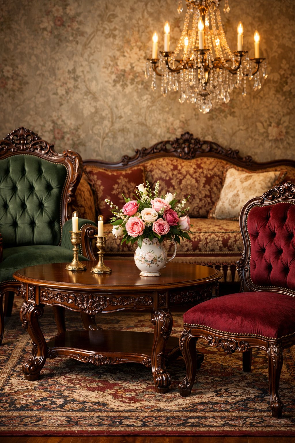 Victorian Furniture Ideas For Elegant & Timeless Interior: 7 Curated Design Essentials 9 An elegant interior room featuring carved wooden furniture, a polished table, a sofa with patterned cushions, a chandelier, and decorative accessories.