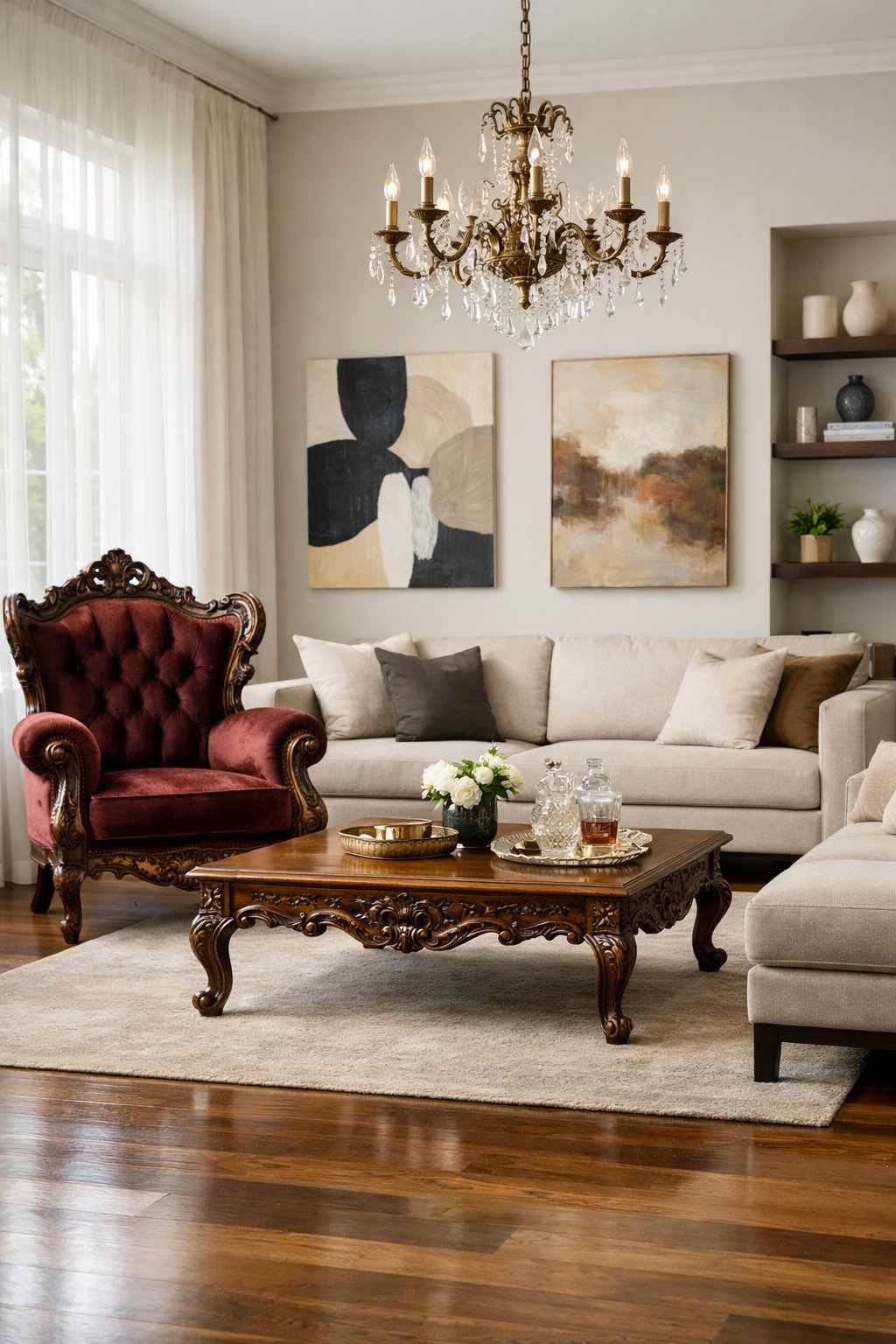 Victorian Furniture Ideas For Elegant & Timeless Interior: 7 Curated Design Essentials 10 A living room with a mix of classic and modern furniture, natural light, and decorative plants.