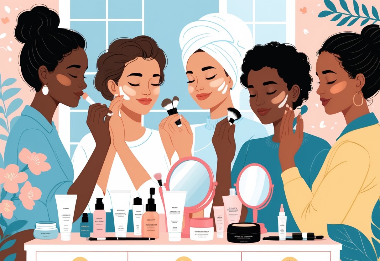 Beberapa wanita sedang melakukan perawatan kulit dan menggunakan produk kosmetik di sebuah ruangan yang terang dan nyaman.