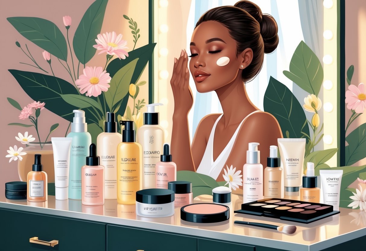 Seorang wanita sedang merawat wajahnya di depan meja rias yang penuh dengan produk kosmetik dan perawatan diri.