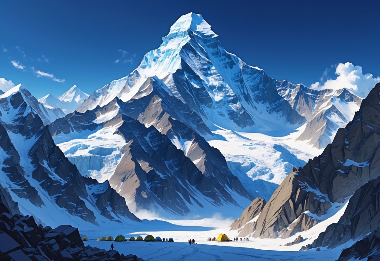 Pemandangan Gunung Everest yang tinggi dengan puncak bersalju, lereng berbatu, dan kamp pendaki di bagian bawah.