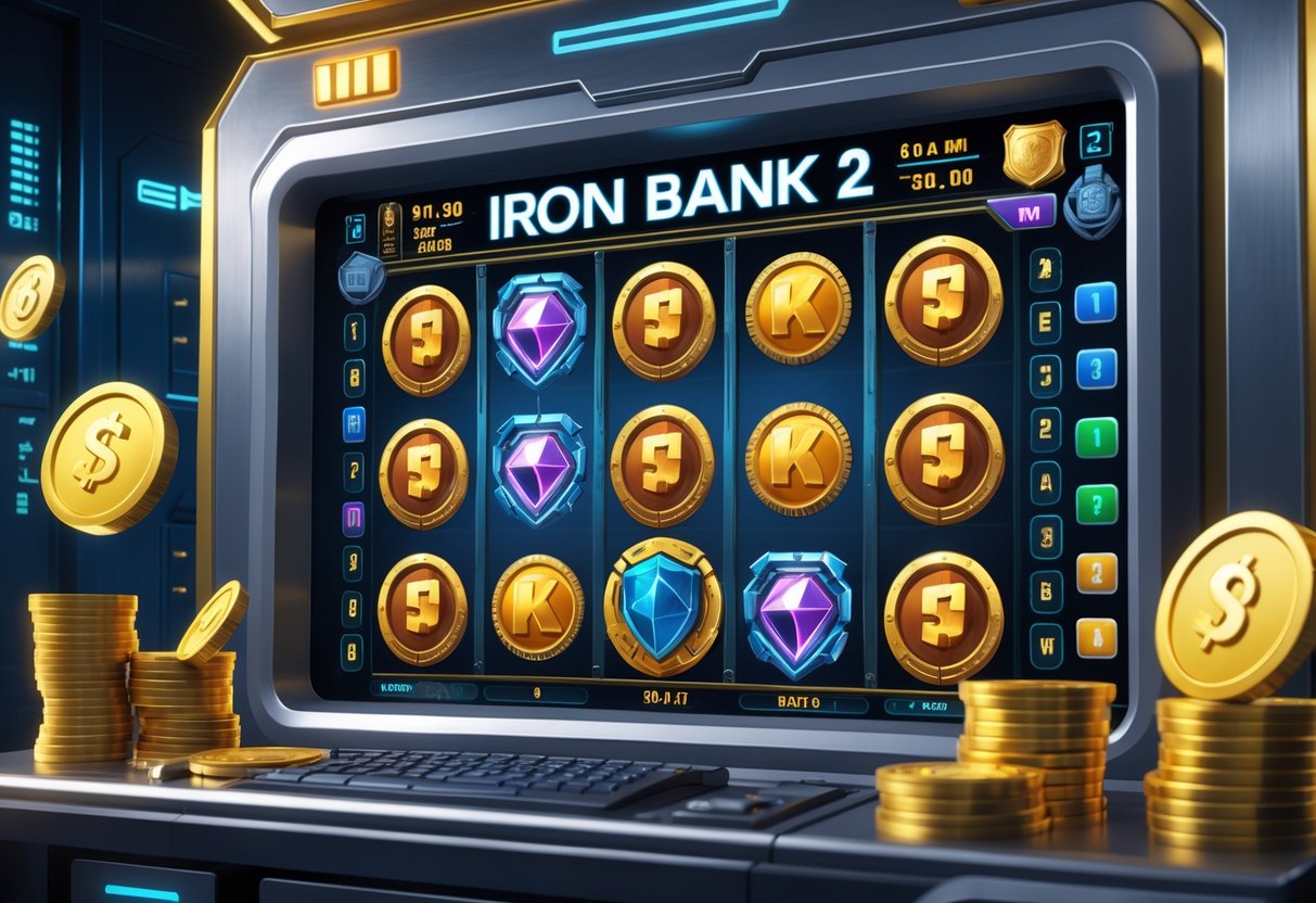 Ilustrasi mesin slot dengan simbol koin emas dan brankas di latar belakang bank modern.