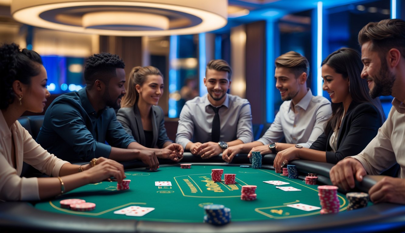 Sekelompok pemain poker sedang bermain di meja poker dengan suasana kasino yang mewah dan profesional.