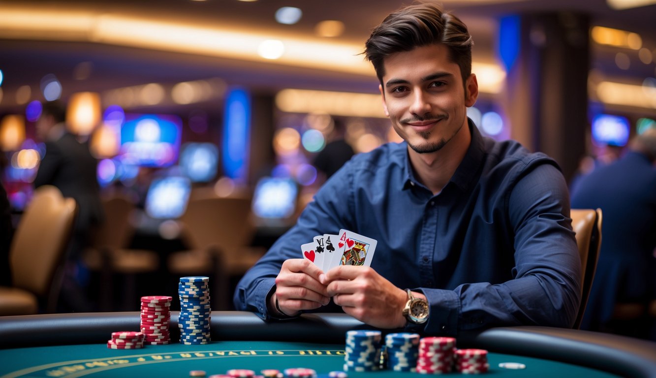 Seorang pria muda duduk di meja poker dengan kartu dan tumpukan chip, tampak fokus dan tersenyum di kasino.