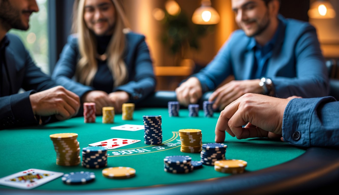 Meja poker kecil dengan tiga pemain sedang bermain kartu dan chip poker tersusun rapi.