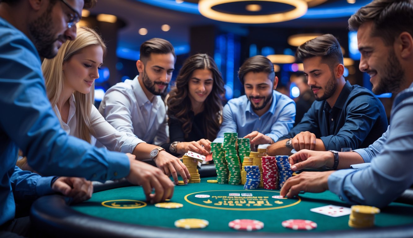 Sejumlah pemain poker sedang bermain dengan serius di meja poker dalam suasana kasino yang modern dan penuh semangat.