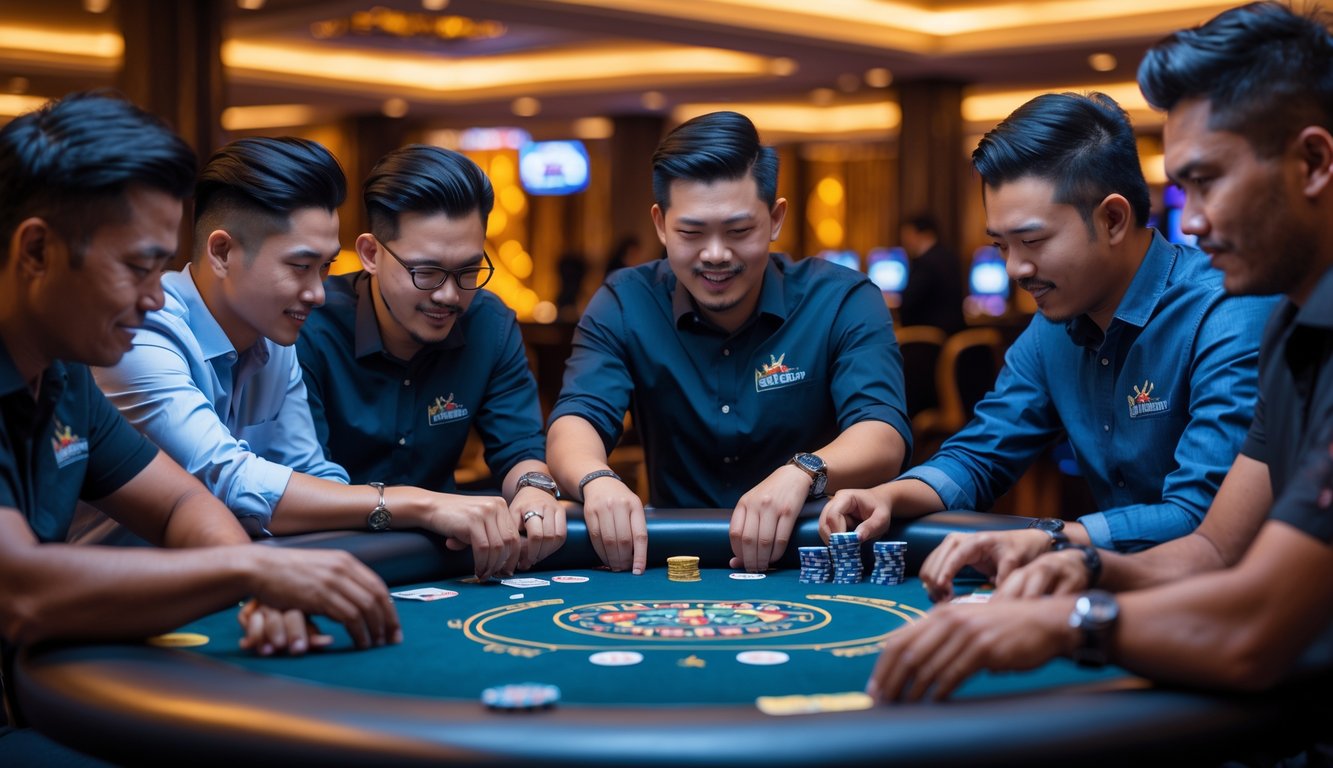 Sekelompok orang bermain poker Spin & Go di meja poker modern dengan suasana kasino yang hangat dan dekorasi batik.