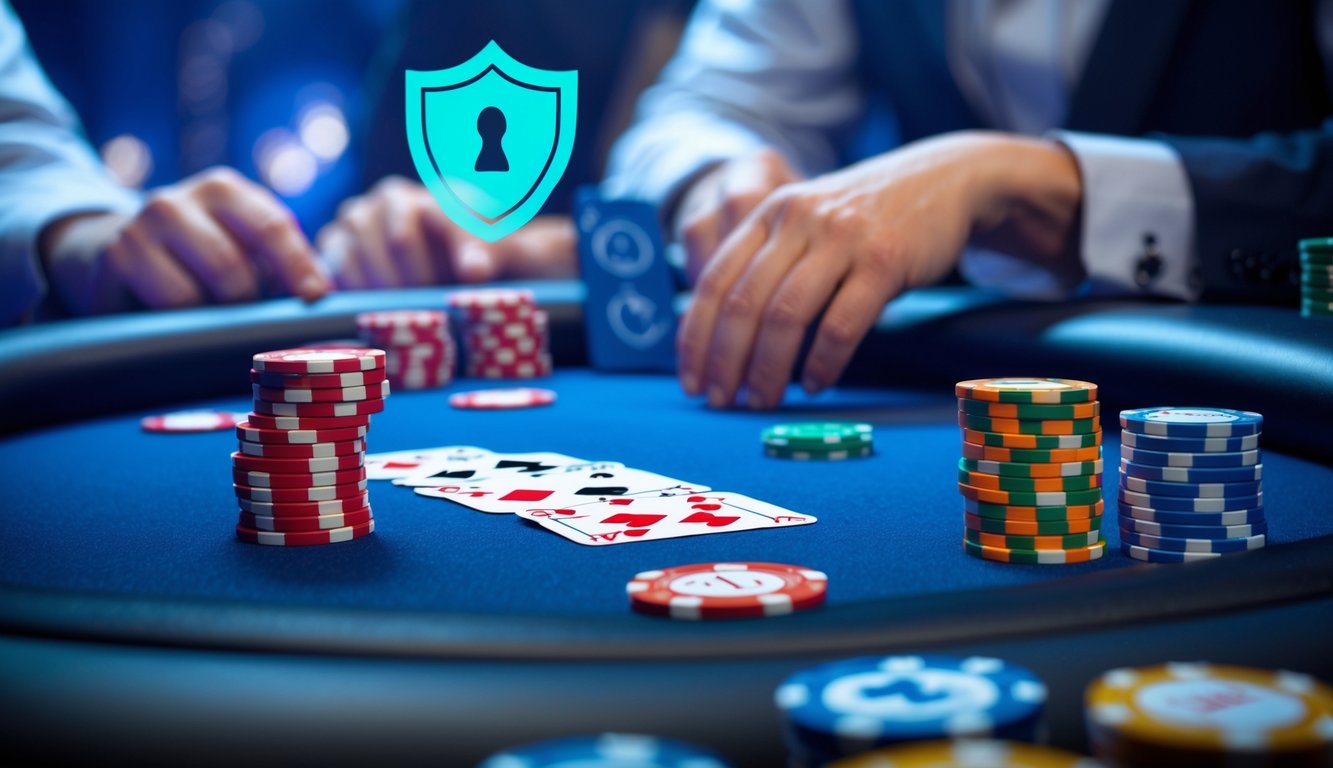 Suasana permainan poker online yang aman dan terpercaya dengan meja poker digital dan chip warna-warni.