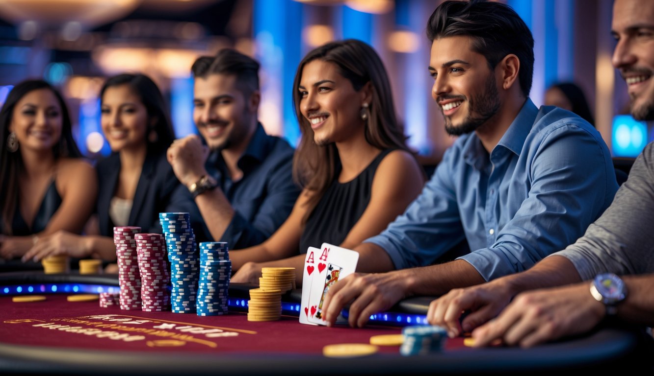 Sekelompok pemain poker sedang bermain di meja kasino dengan tumpukan chip dan kartu, suasana terlihat seru dan fokus.