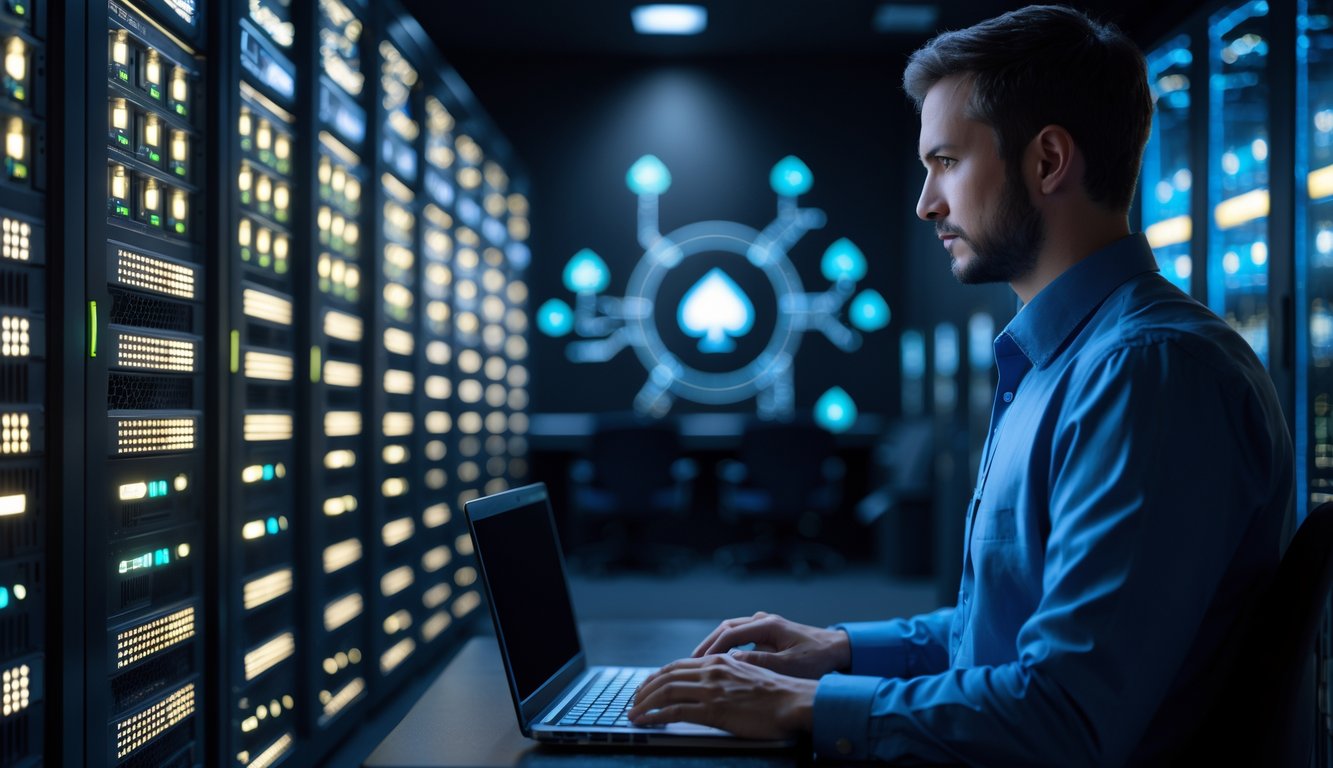 Seorang teknisi IT memantau server poker di ruang server modern dengan lampu LED menyala.