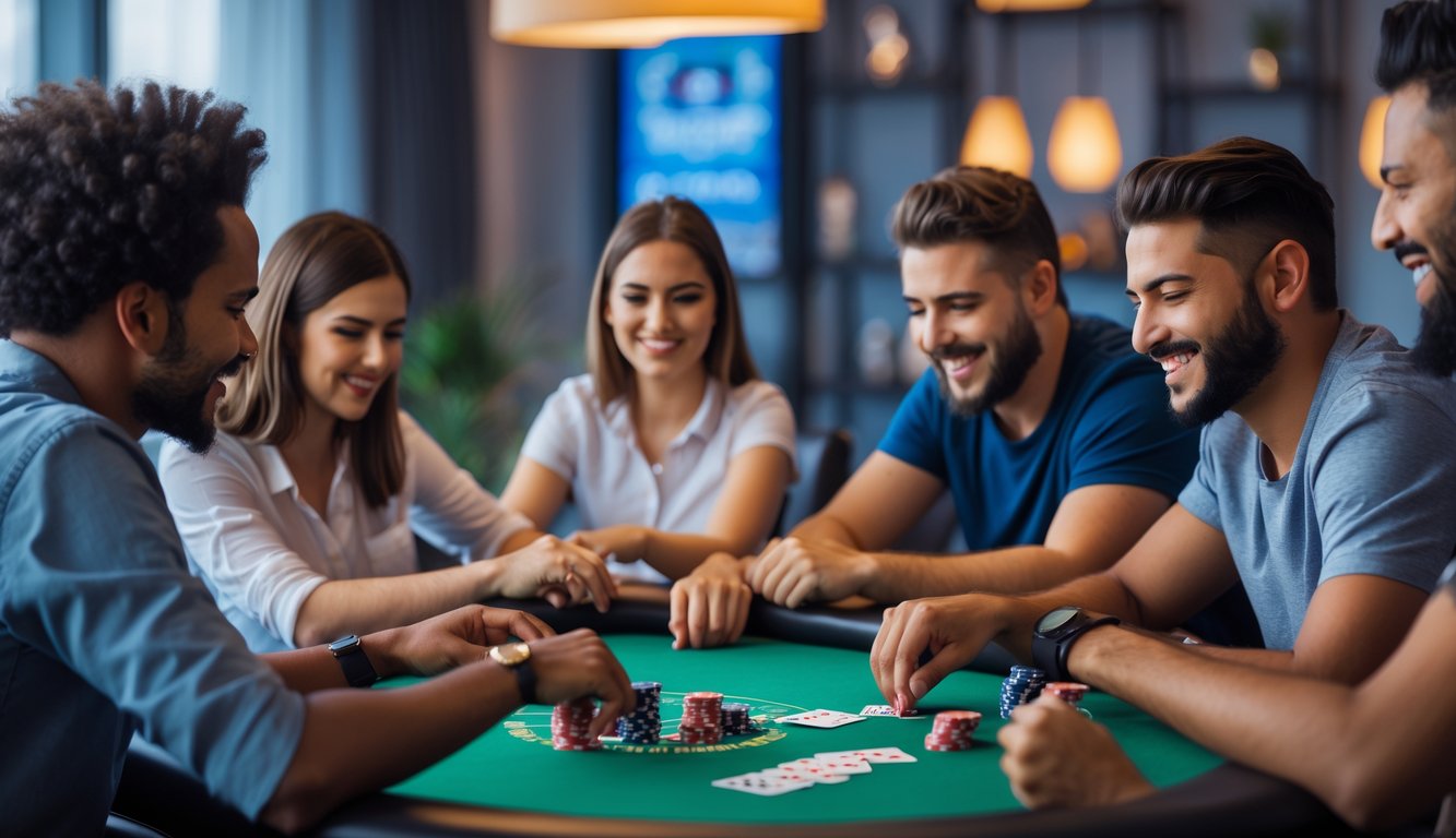 Sekelompok orang bermain poker di meja hijau, suasana santai dan ramah untuk pemula.