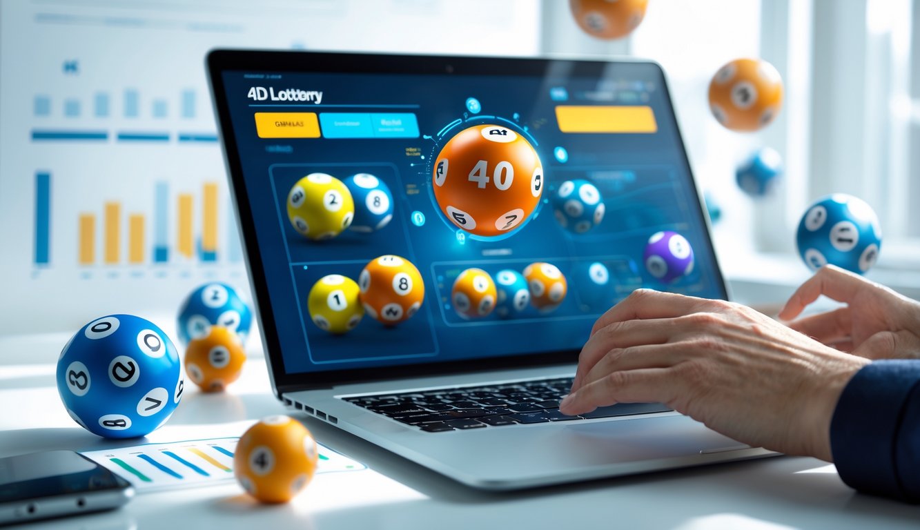 Seseorang menggunakan laptop dengan bola lotere berwarna-warni di meja dalam suasana kerja modern.