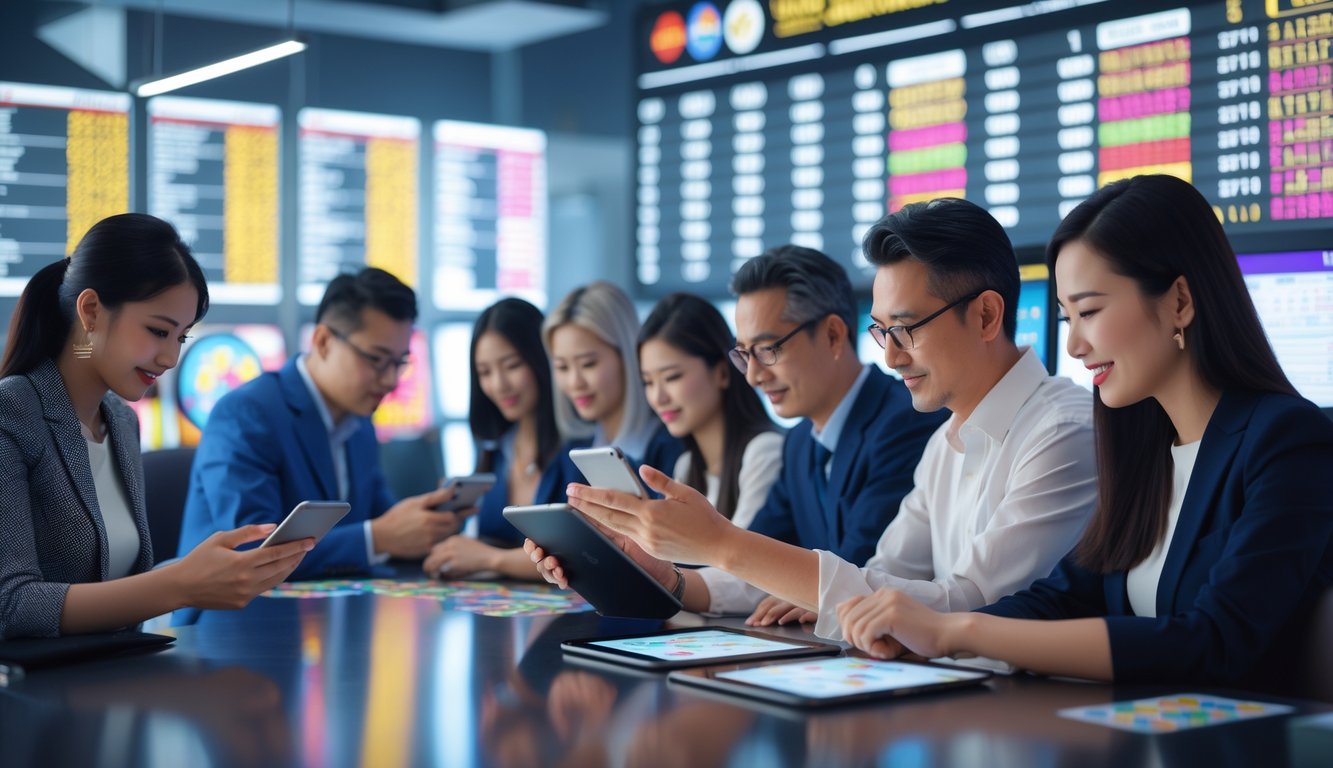 Orang-orang sedang memeriksa hasil togel 4D di sebuah ruang modern dengan perangkat digital.