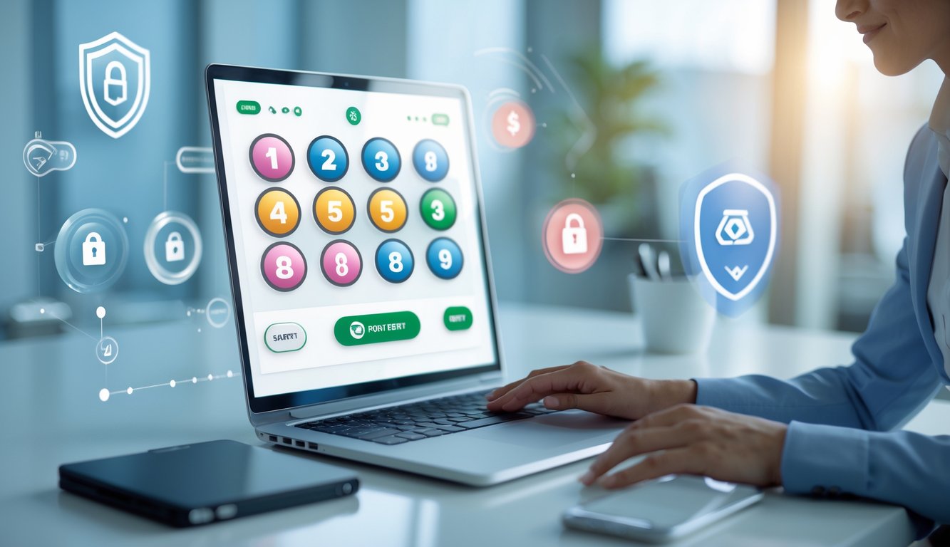 Seseorang menggunakan komputer di meja yang rapi dengan tampilan antarmuka lotere digital, menunjukkan suasana aman dan terpercaya.
