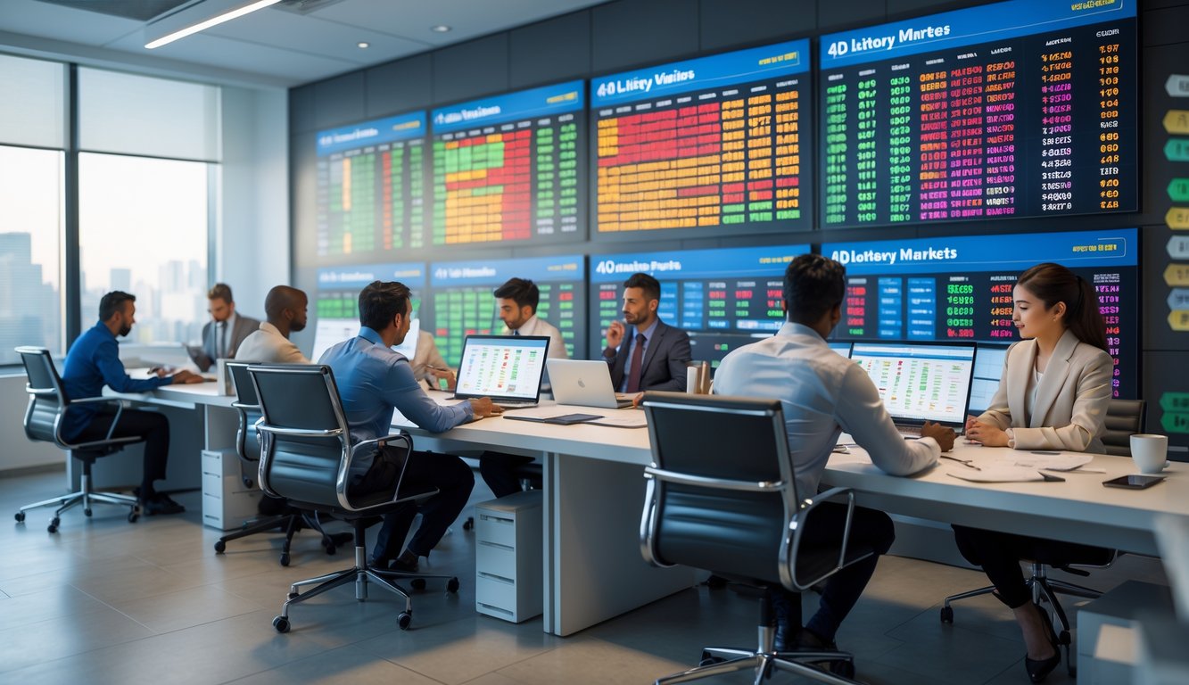 Orang-orang yang sedang bekerja bersama di kantor dengan layar digital menampilkan data angka lotere 4D.