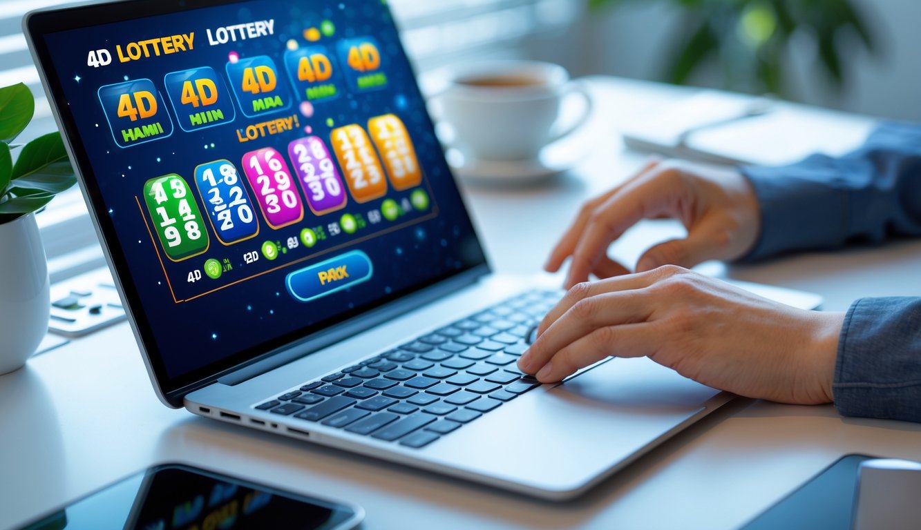Seseorang menggunakan laptop di meja kerja dengan tampilan angka lotere 4D di layar.