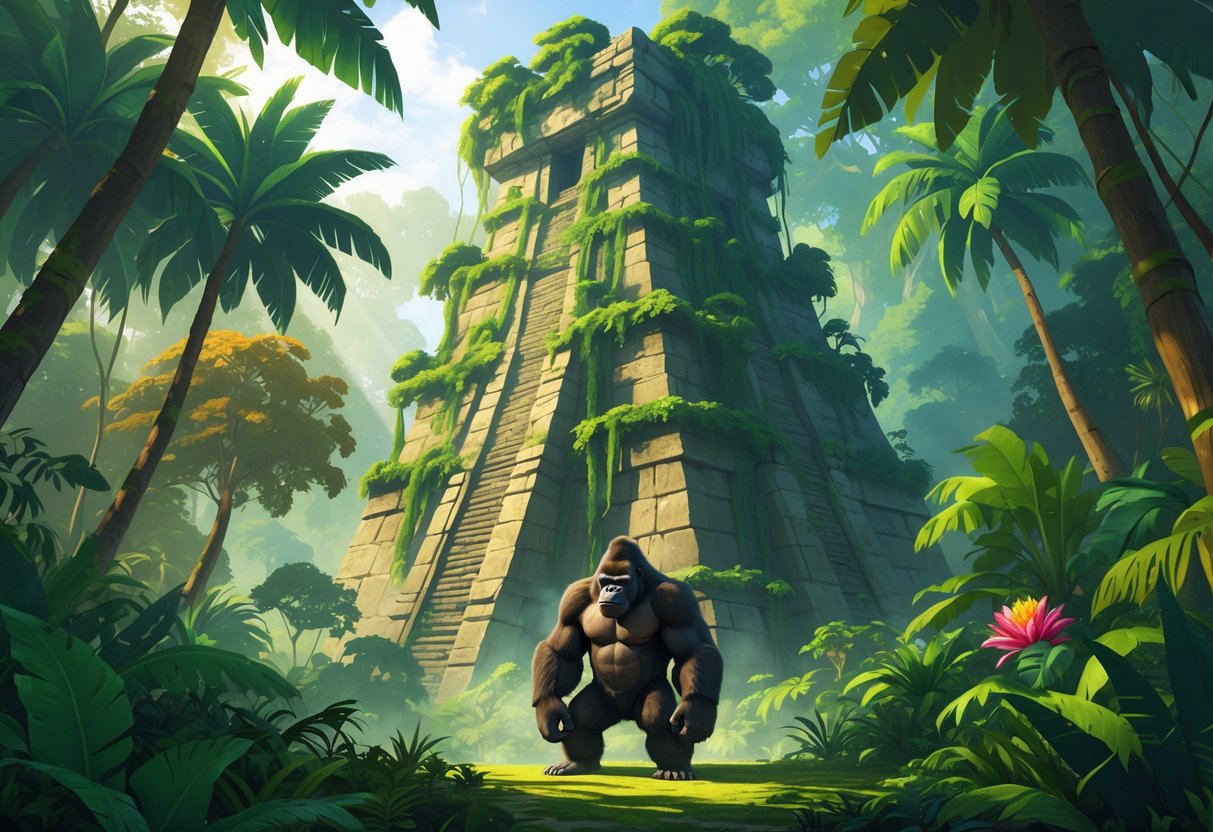 Menara batu besar yang tertutup tanaman hijau di tengah hutan lebat dengan seekor gorila kuat berdiri di depannya.