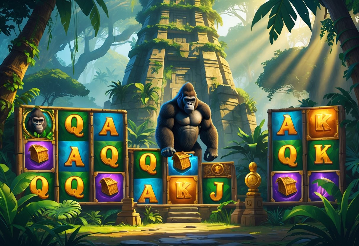Ilustrasi menampilkan menara hutan dengan gorila besar di depannya, dikelilingi oleh tanaman tropis dan simbol permainan slot seperti pisang dan harta karun.