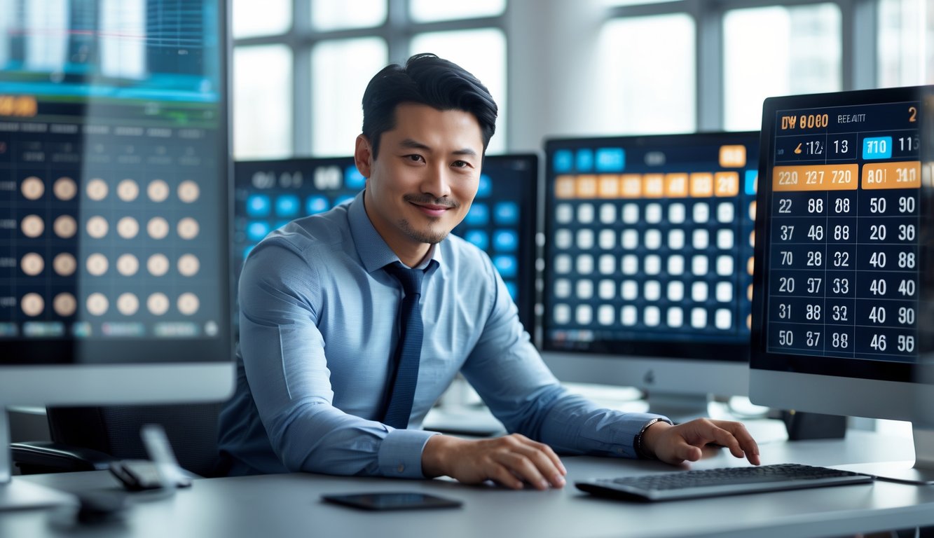 Seorang pria Asia yang percaya diri duduk di kantor modern dengan beberapa layar komputer menampilkan angka dan grafik, sedang menganalisis data dengan fokus.