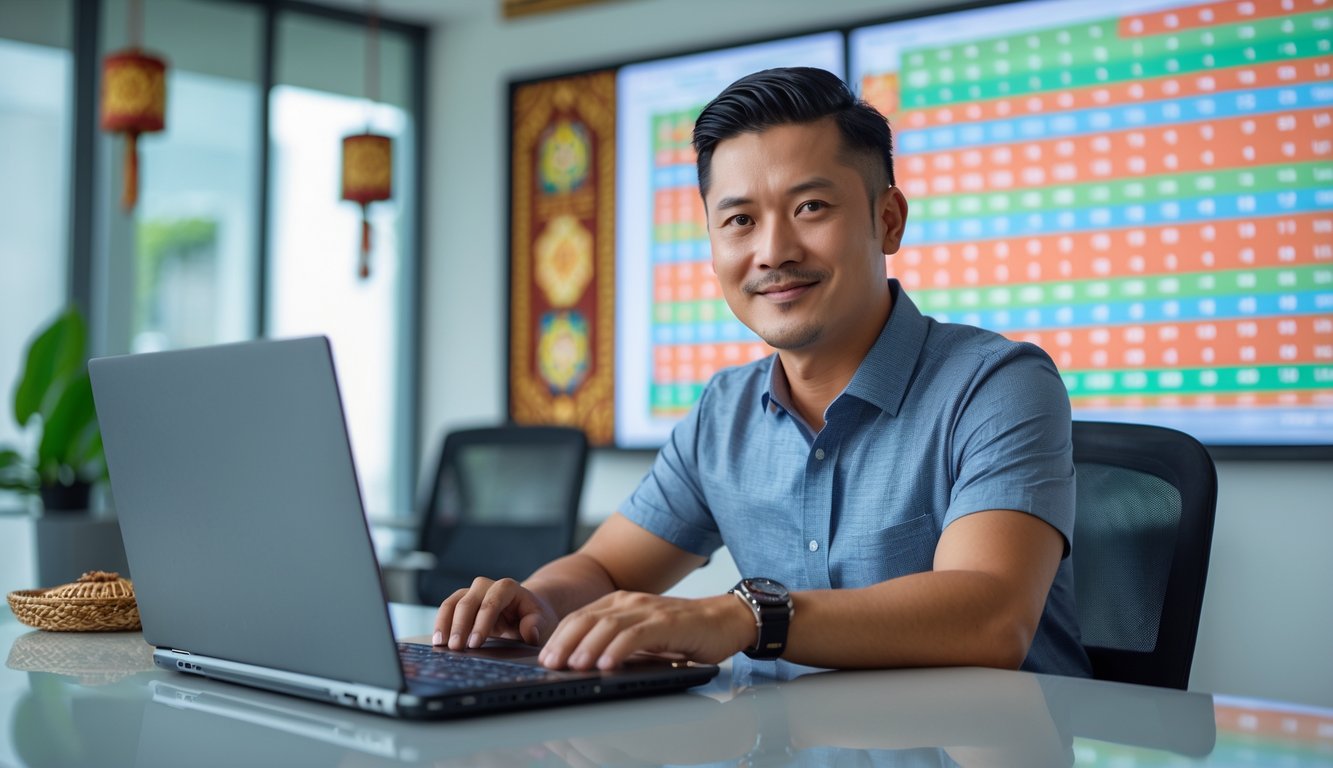 Seorang pria Asia Tenggara duduk di meja dengan laptop dan layar yang menampilkan angka dan grafik, di dalam kantor modern dengan dekorasi tradisional Indonesia.