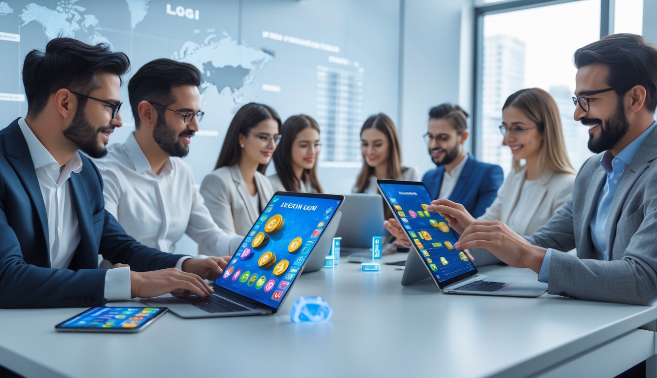 Orang-orang menggunakan perangkat digital di kantor modern yang terang untuk bermain lotere 3D secara online.