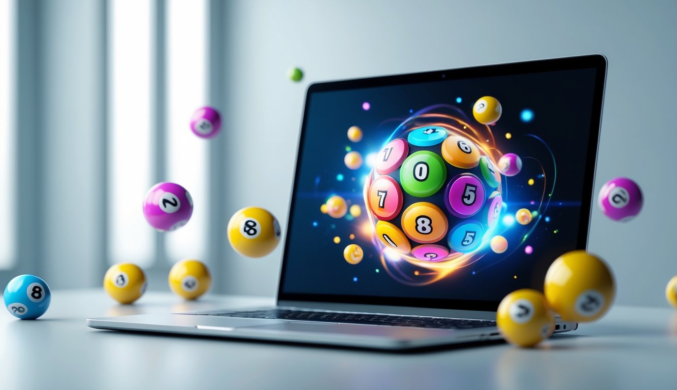 Seorang pria menggunakan laptop dengan tampilan grafik lotere 3D di layar dalam suasana kerja modern.