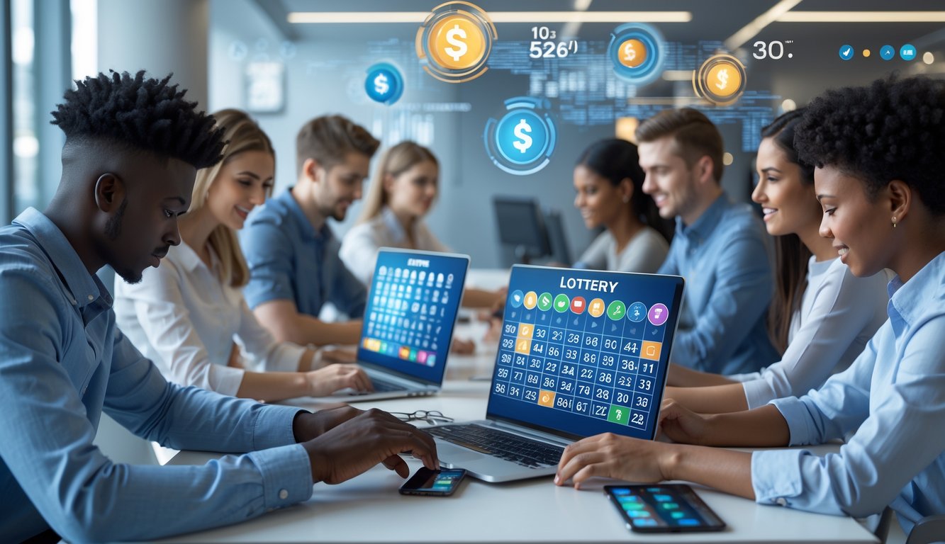 Orang-orang muda menggunakan perangkat digital untuk bermain togel 3D dengan suasana kantor modern dan pencahayaan alami.